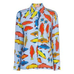 NWT LHD Star Island Blouse Shirt Silk Blue Corsican Trout Print Fish Colorful 4